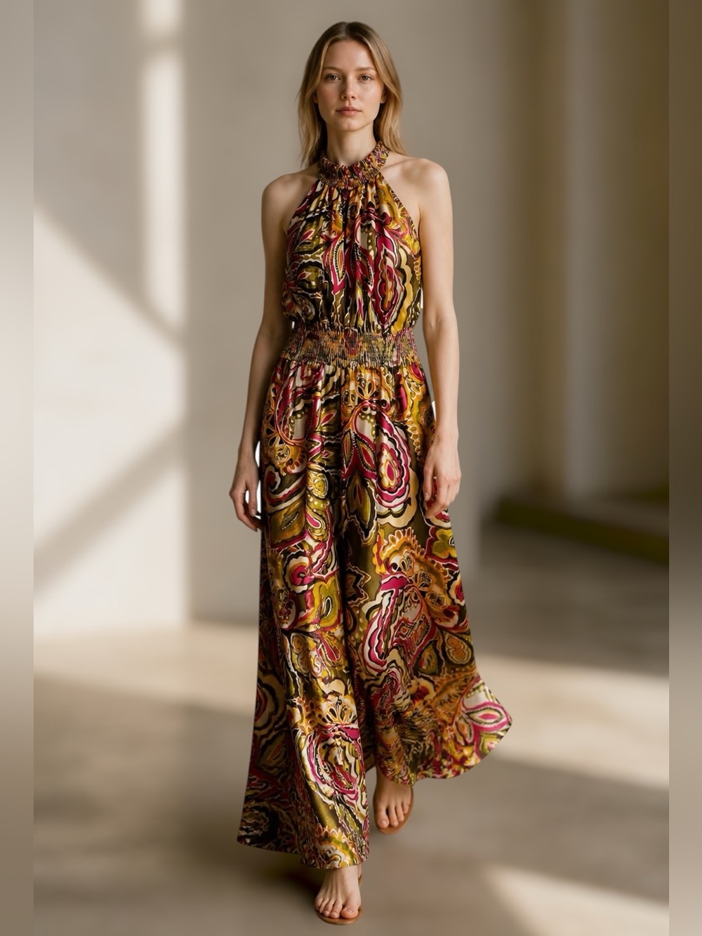NWOT MELLODAY Halter Maxi Dress in Gold, Olive, Pink Bold Paisley. Size L